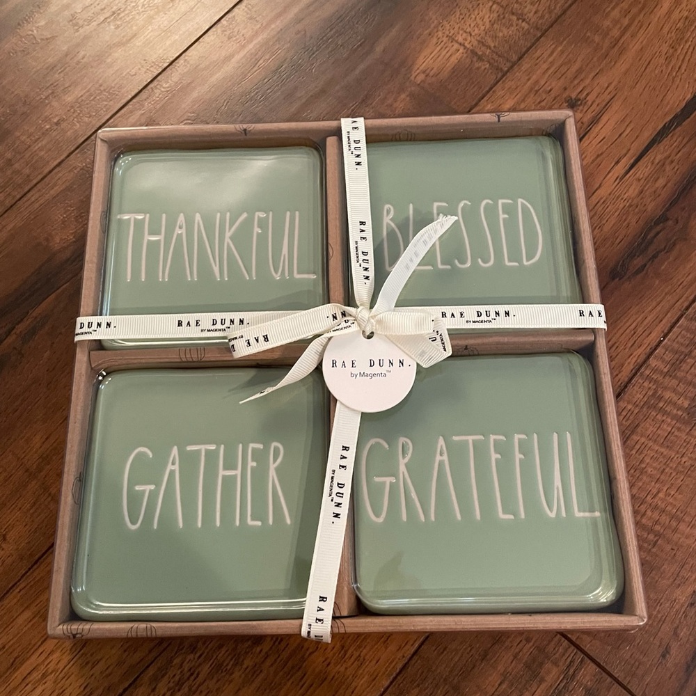 Rae Dunn light green thankful gather coasters